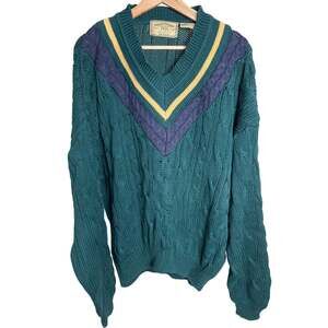 New River Co Authentic Heavy Knit Size Large V-Neck Green 100% Cotton